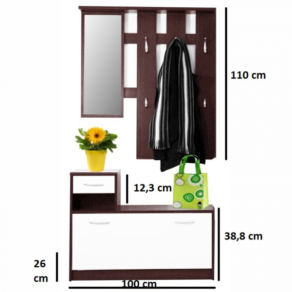 Cuier hol, wenge/alb, cu pantofar si oglinda,100 cm lungime, Bortis [2]