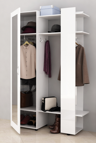 Mobila de hol-Cuier cu dulap, usa cu soft close-amortizare, suport umerase,cu oglinda si rafturi,120 cm lungime, pantofar deschis ,alb lucios, Bortis Impex [5]