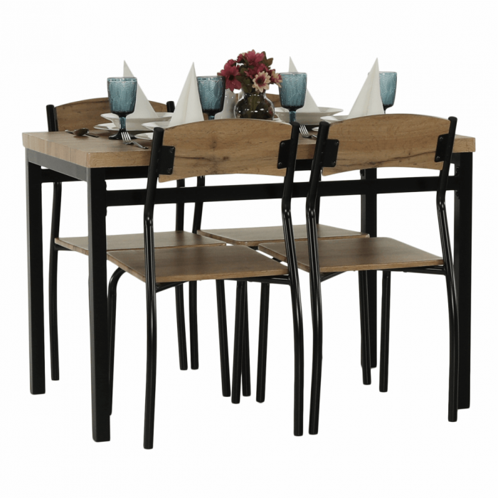 Set masa + 4 scaune din lemn , metal negru/mdf stejar artizan [18]