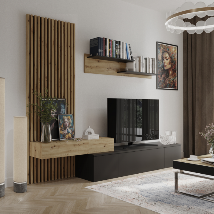 Mobila living, negru/stejar Artisan, cu riflaj ,modern , mobilier sufragerie , rafturi , comoda tv [4]
