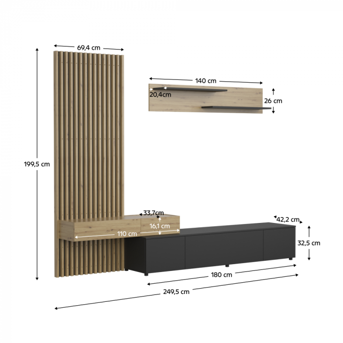 Mobila living, negru/stejar Artisan, cu riflaj ,modern , mobilier sufragerie , rafturi , comoda tv [5]