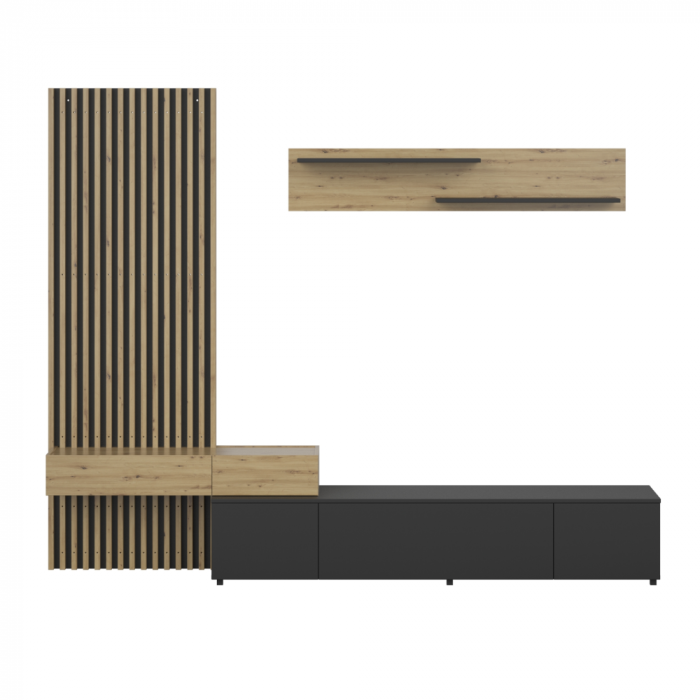 Mobila living, negru/stejar Artisan, cu riflaj ,modern , mobilier sufragerie , rafturi , comoda tv [2]