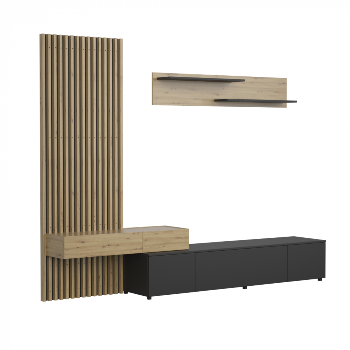 Mobila living, negru/stejar Artisan, cu riflaj ,modern , mobilier sufragerie , rafturi , comoda tv [3]