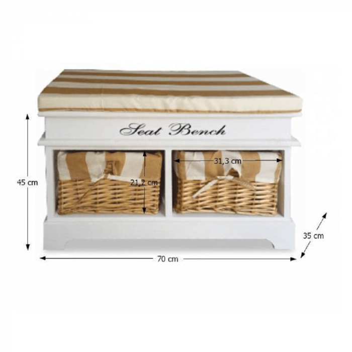 Bancă cu  pernă, 2 coşuri de răchită, alb/miere/imprimeu, SEAT BENCH 4 [2]