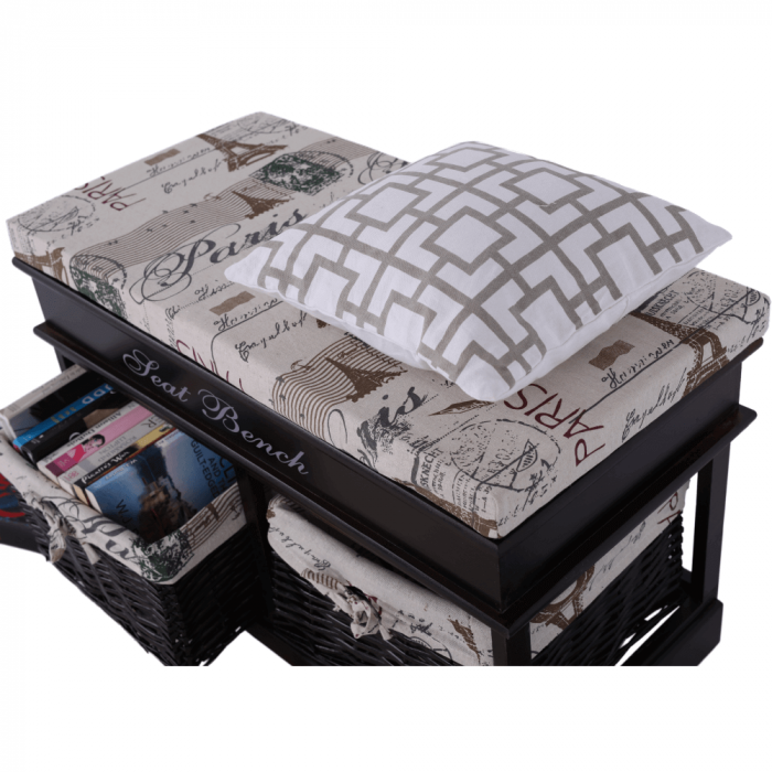 Bancă cu  pernă, 2 coşuri de răchită, maro închis/bej/imprimeu, SEAT BENCH 3 [10]