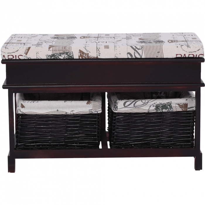 Bancă cu  pernă, 2 coşuri de răchită, maro închis/bej/imprimeu, SEAT BENCH 3 [8]