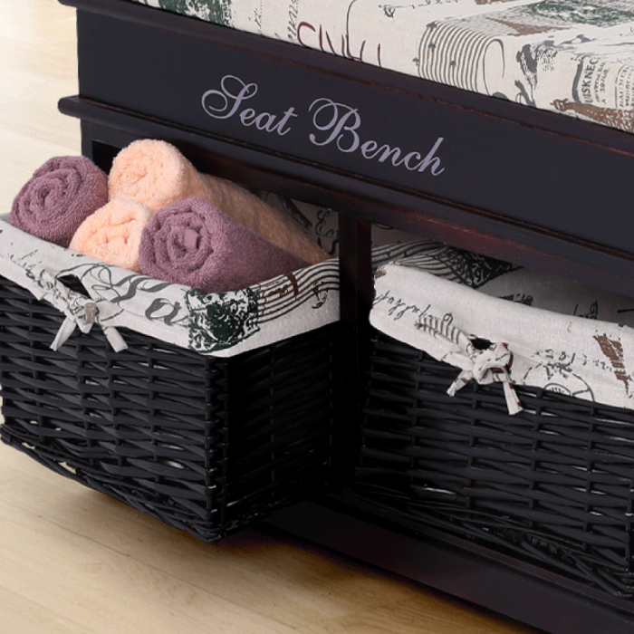 Bancă cu  pernă, 2 coşuri de răchită, maro închis/bej/imprimeu, SEAT BENCH 3 [4]