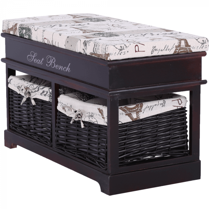 Bancă cu  pernă, 2 coşuri de răchită, maro închis/bej/imprimeu, SEAT BENCH 3 [9]