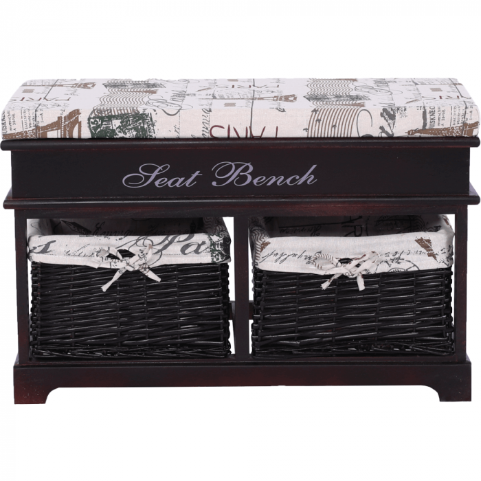 Bancă cu  pernă, 2 coşuri de răchită, maro închis/bej/imprimeu, SEAT BENCH 3 [2]