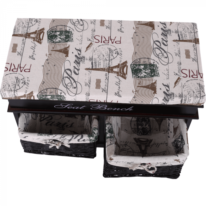 Bancă cu  pernă, 2 coşuri de răchită, maro închis/bej/imprimeu, SEAT BENCH 3 [7]