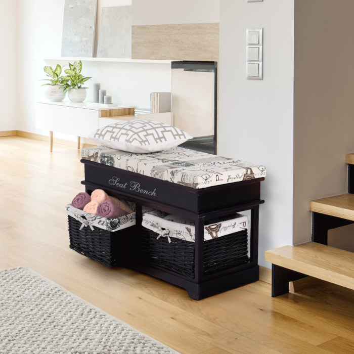 Bancă cu  pernă, 2 coşuri de răchită, maro închis/bej/imprimeu, SEAT BENCH 3 [3]