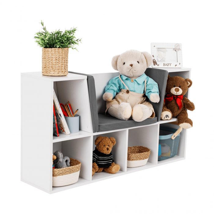 Bibliotecă pentru copii cu scaune, alb / gri, FERIA [14]