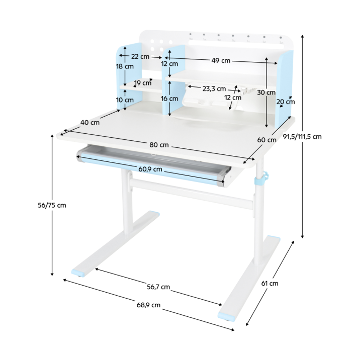 Birou crescător, albastru/alb, ADAN [30]