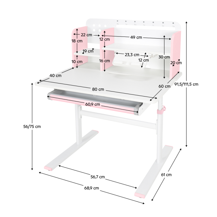 Birou crescător, roz/alb, ADAN [30]