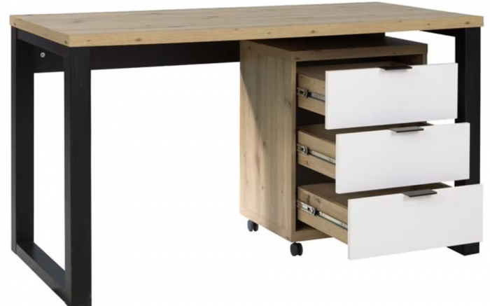 Birou modern, 135 cm lungime x 65 cm ,cu dulapior container rollbox pe rotile, 3 sertare ,stejar artisan/negru/alb, picioare metal negru,blat 32 mm grosime, canturi abs [2]
