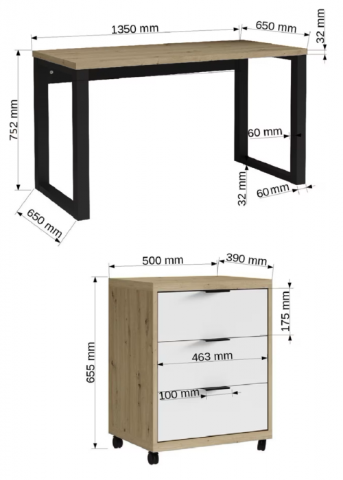 Birou modern, 135 cm lungime x 65 cm ,cu dulapior container rollbox pe rotile, 3 sertare ,stejar artisan/negru/alb, picioare metal negru,blat 32 mm grosime, canturi abs [4]