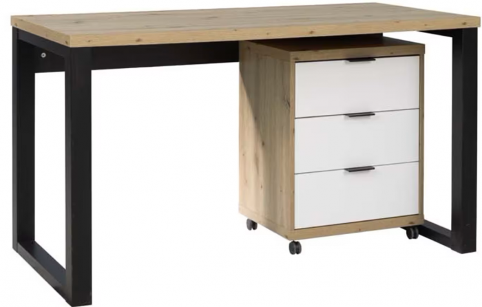 Birou modern, 135 cm lungime x 65 cm ,cu dulapior container rollbox pe rotile, 3 sertare ,stejar artisan/negru/alb, picioare metal negru,blat 32 mm grosime, canturi abs [3]
