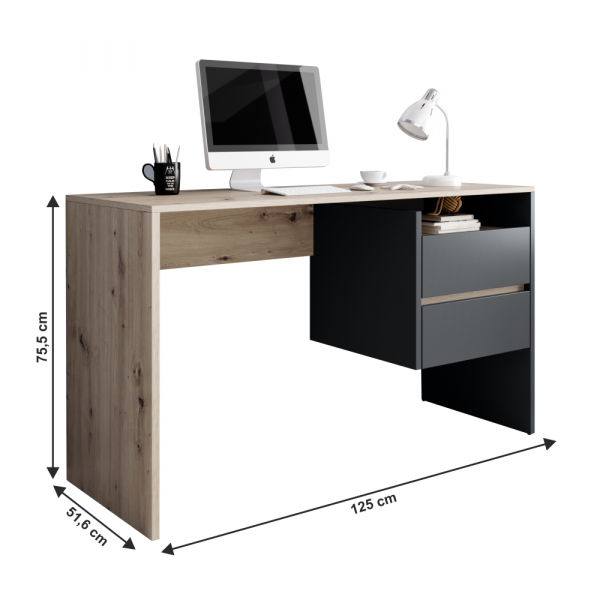 Birou modern cu 2 sertare, stejar artisan /grafit, 125 cm lungime, Bortis Impex [3]