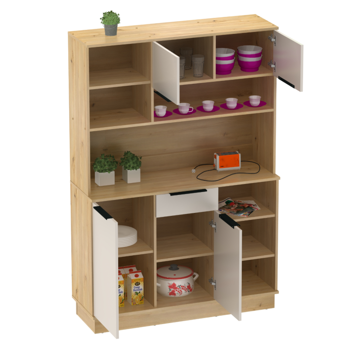 Dulap/Bufet bucatarie sau pentru diferite incaperi, multifunctional, cu patru uşi si sertar, stejar sonoma/alb, 120 cm lungime x 40 cm adancime x177,1 cm inaltime , spatii depozitare, practic si moder [9]