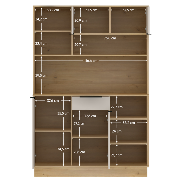 Dulap/Bufet bucatarie sau pentru diferite incaperi, multifunctional, cu patru uşi si sertar, stejar sonoma/alb, 120 cm lungime x 40 cm adancime x177,1 cm inaltime , spatii depozitare, practic si moder [11]
