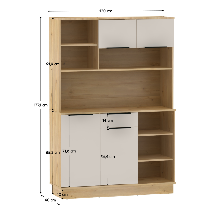 Dulap/Bufet bucatarie sau pentru diferite incaperi, multifunctional, cu patru uşi si sertar, stejar sonoma/alb, 120 cm lungime x 40 cm adancime x177,1 cm inaltime , spatii depozitare, practic si moder [10]