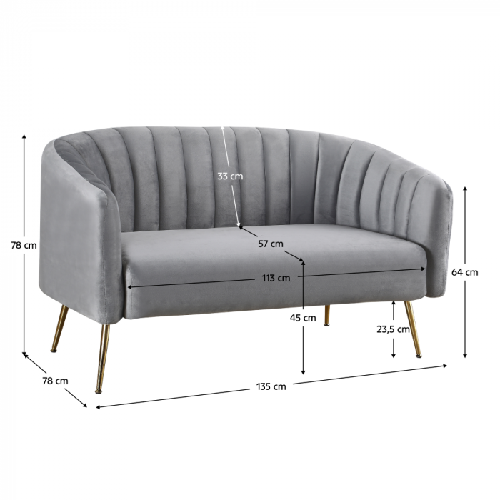 Canapea de design cu 2 locuri, ţesătură Velvet gri/gold crom-auriu, BAGY [5]