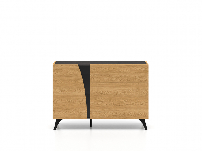 Comoda 120 cm lungime, design exclusivist, sistem push open , stejar portland/stejar cafea inchis/sticla neagra, picioare negre, 40 cm [3]