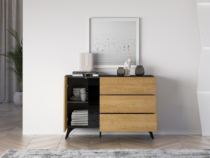 Comoda 120 cm lungime, design exclusivist, sistem push open , stejar portland/stejar cafea inchis/sticla neagra, picioare negre, 40 cm [8]