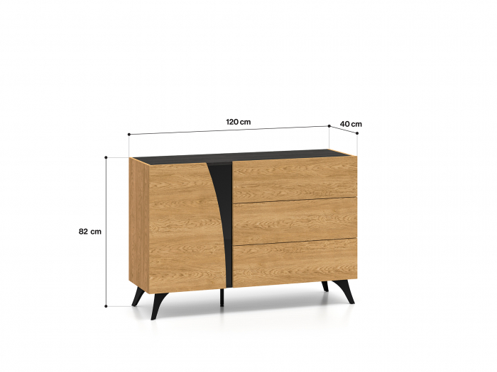 Comoda 120 cm lungime, design exclusivist, sistem push open , stejar portland/stejar cafea inchis/sticla neagra, picioare negre, 40 cm [2]