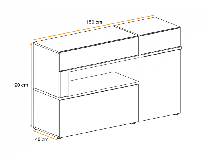Comoda 150cm lungime x 90x 40 cm , 2 sertare/2 usi,  alb lucios/alb/stejar inchis , deschidere sertar si usi push open/prin apasare, led , pentru living, dormitor,birou, Bortis [5]