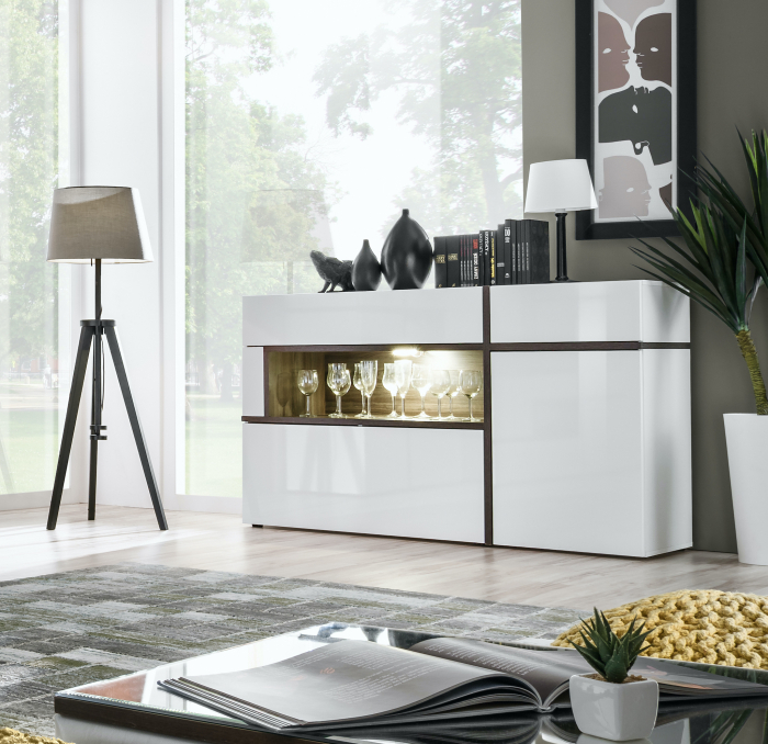 Comoda 150cm lungime x 90x 40 cm , 2 sertare/2 usi,  alb lucios/alb/stejar inchis , deschidere sertar si usi push open/prin apasare, led , pentru living, dormitor,birou, Bortis [4]