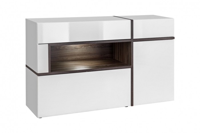 Comoda 150cm lungime x 90x 40 cm , 2 sertare/2 usi,  alb lucios/alb/stejar inchis , deschidere sertar si usi push open/prin apasare, led , pentru living, dormitor,birou, Bortis [2]