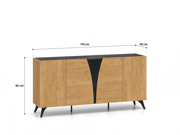 Comoda 170 cm lungime, design exclusivist, sistem push open , stejar portland/stejar cafea inchis/sticla neagra, picioare negre, 40 cm adancime [3]
