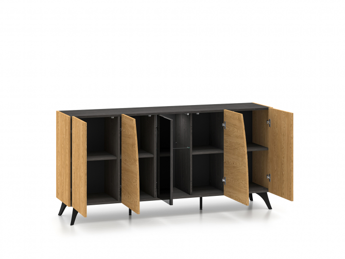 Comoda 170 cm lungime, design exclusivist, sistem push open , stejar portland/stejar cafea inchis/sticla neagra, picioare negre, 40 cm adancime [4]