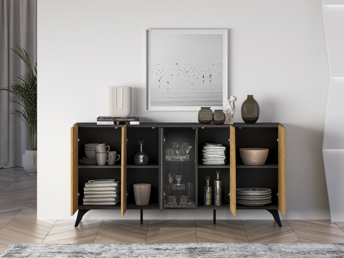 Comoda 170 cm lungime, design exclusivist, sistem push open , stejar portland/stejar cafea inchis/sticla neagra, picioare negre, 40 cm adancime [5]
