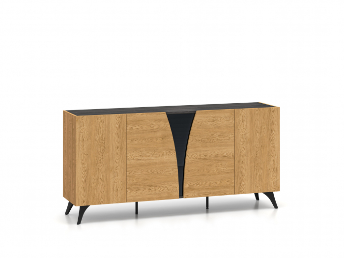 Comoda 170 cm lungime, design exclusivist, sistem push open , stejar portland/stejar cafea inchis/sticla neagra, picioare negre, 40 cm adancime [1]