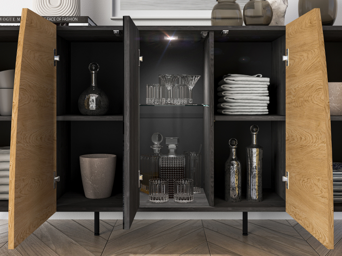 Comoda 170 cm lungime, design exclusivist, sistem push open , stejar portland/stejar cafea inchis/sticla neagra, picioare negre, 40 cm adancime [7]