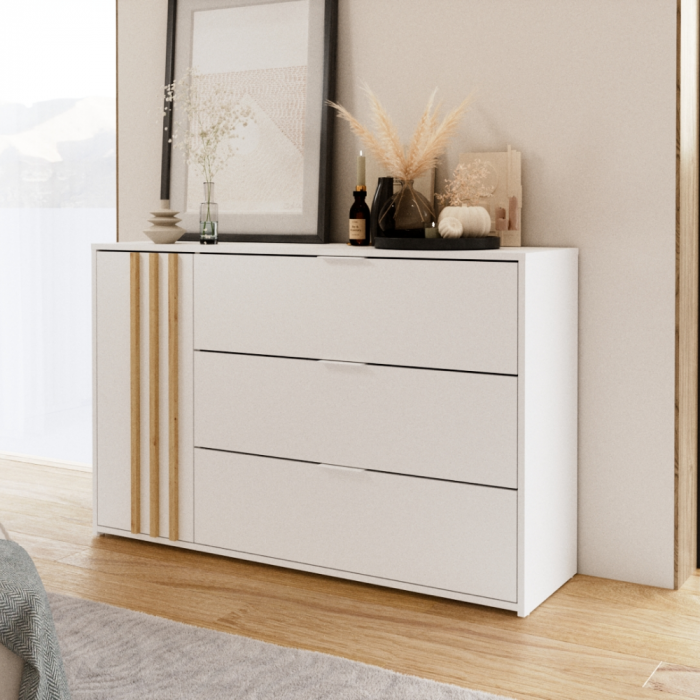 Comodă cu 1 usa si 3 sertare mari , alb/stejar artisan,125 cm lungime, moderna , model cu riflaj pe usa [3]