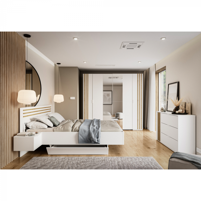 Comodă cu 1 usa si 3 sertare mari , alb/stejar artisan,125 cm lungime, moderna , model cu riflaj pe usa [6]