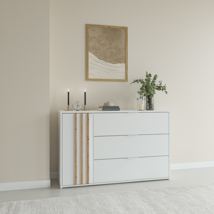 Comodă cu 1 usa si 3 sertare mari , alb/stejar artisan,125 cm lungime, moderna , model cu riflaj pe usa [4]