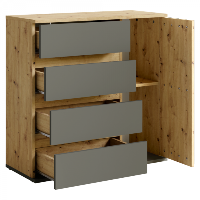 Comodă cu 1 usa si 4 sertare, model riflaj, 80x34x79,7 cm, grafit/stejar artisan [2]