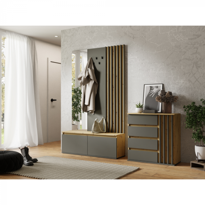 Comodă cu 1 usa si 4 sertare, model riflaj, 80x34x79,7 cm, grafit/stejar artisan [3]