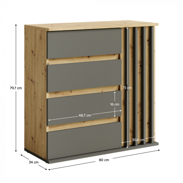 Comodă cu 1 usa si 4 sertare, model riflaj, 80x34x79,7 cm, grafit/stejar artisan [4]