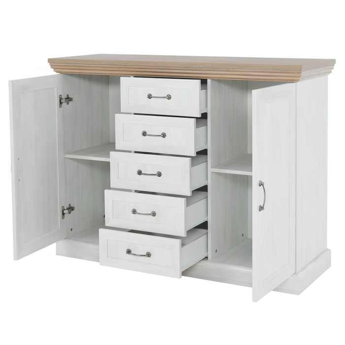 Comodă, 2 uşi cu 5 sertare, pin nordic/stejar sălbatic, ROYAL K2D [5]