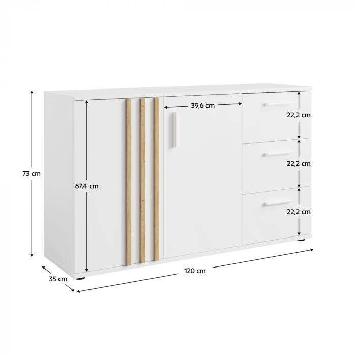 Comoda 3 sertare si 2 usi , alb/stejar artisan, 120x35x73 cm [3]