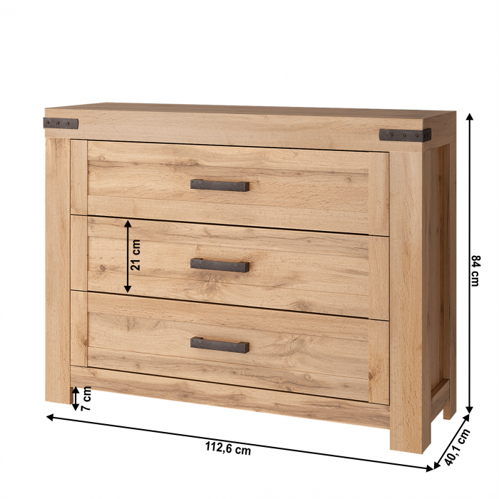 Comodă 3 sertare , 113 cm lungime , stejar wotan, dormitor /camera zi, pal, stil rustic [3]
