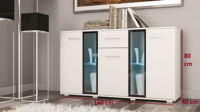 Comoda alb,  moderna pentru living/hol/birou/ cu usi, sertar si vitrine negre, 140 cm lungime/80 cm inaltime/40 cm adancime ,  sticla transparenta,fara lumini led [2]