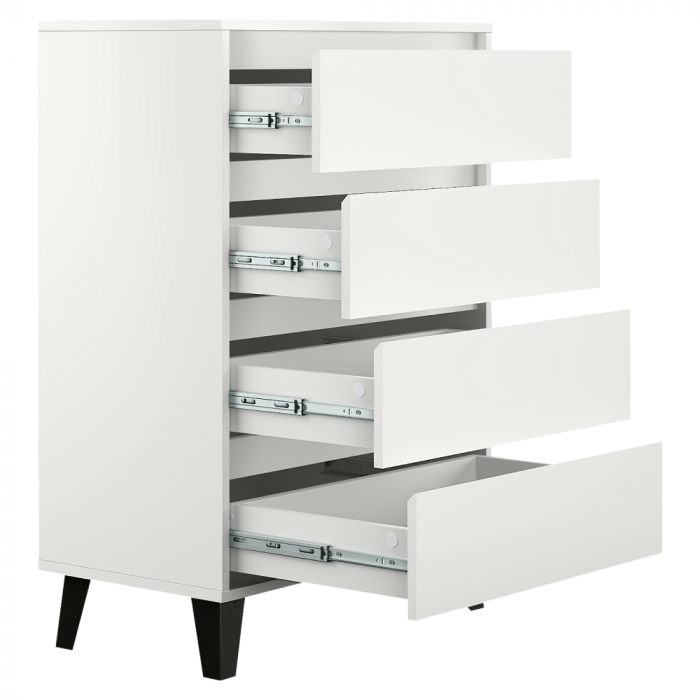 Comodă 4 sertare , 70 cm lungime x38,8 cm adancime x 99,4 cm, pal alb/picioare negre ,canturi abs, fara manere [2]