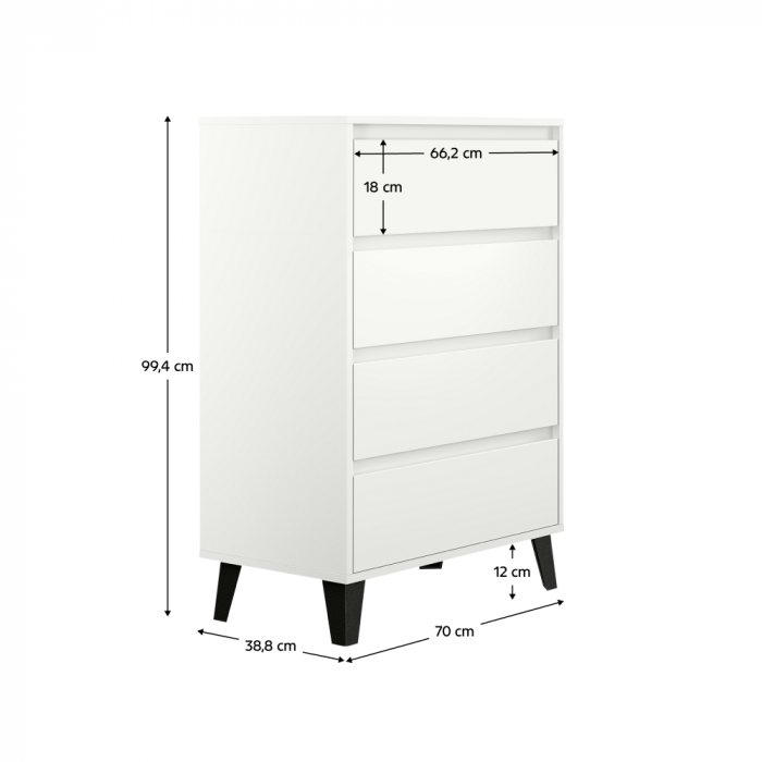 Comodă 4 sertare , 70 cm lungime x38,8 cm adancime x 99,4 cm, pal alb/picioare negre ,canturi abs, fara manere [7]