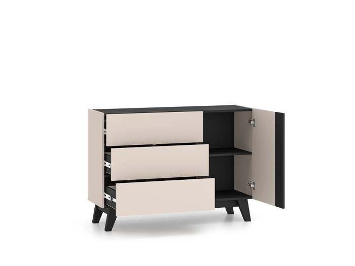 Comoda cu 1 usa si 3 sertare , pal casmir/negru, pe picioare, 120cm lungime x 40cm adancime x 85 cm inaltime, deschidere push open, canturi abs, inchidere usi silentioasa [2]